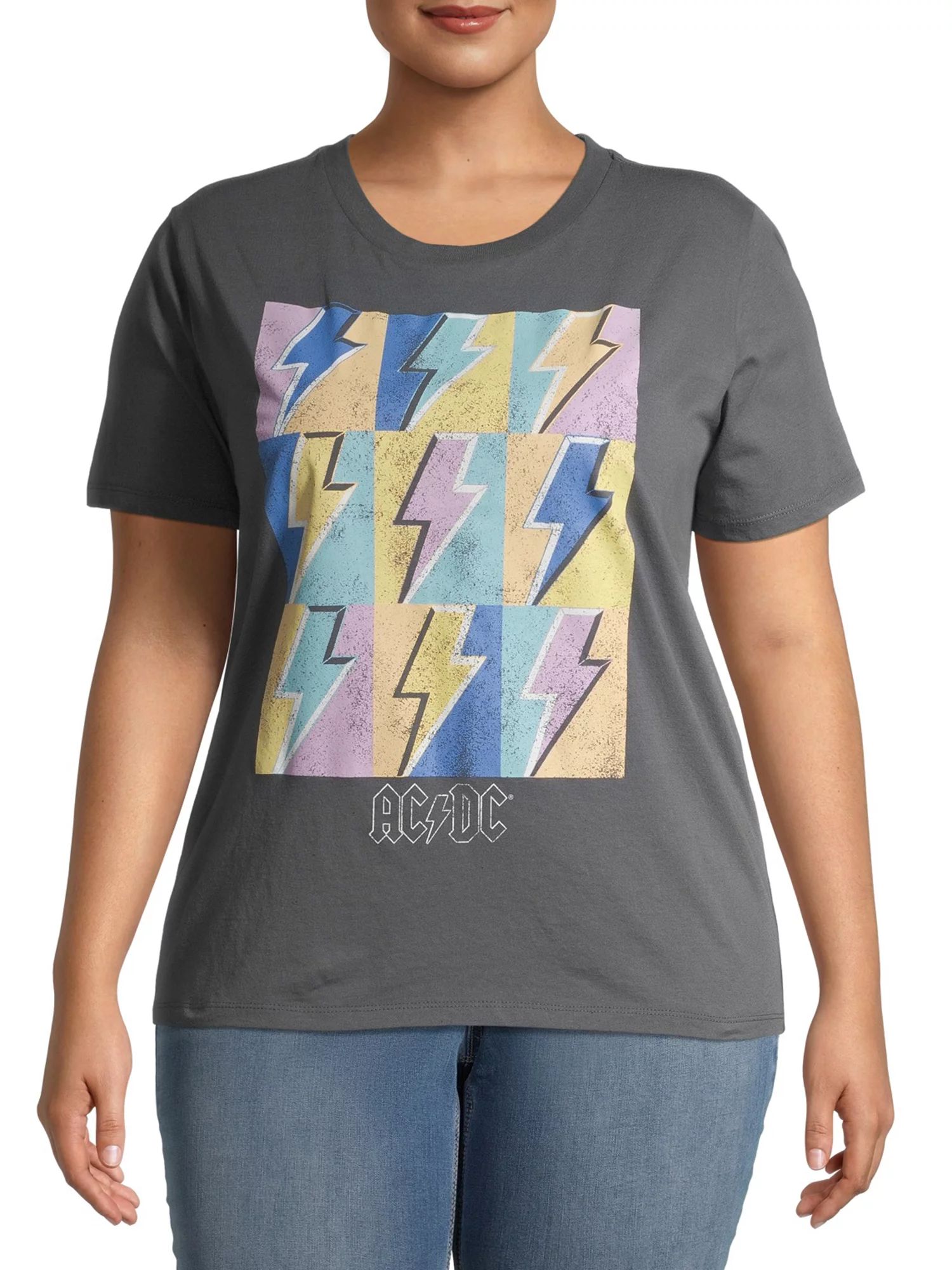 Gray by Grayson Social Women's Plus Size AC/DC Multicolor Lightning Bolt Graphic T-Shirt with Sho... | Walmart (US)