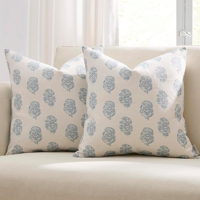 Meekio Set of 2 Blue and White Patterned Pillow Covers 18x18, Coastal Farmhouse Block Print Decor... | Amazon (US)