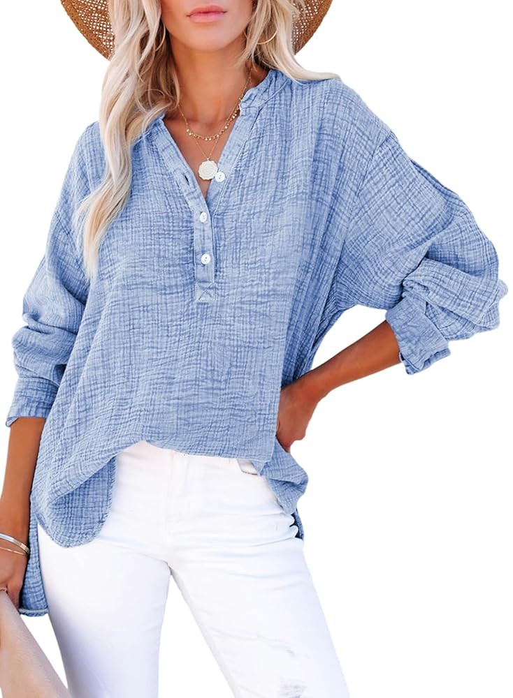 Dokotoo Womens Casual Button V Neck Long Sleeve Shirts Oversized Solid Blouses Tops | Amazon (US)