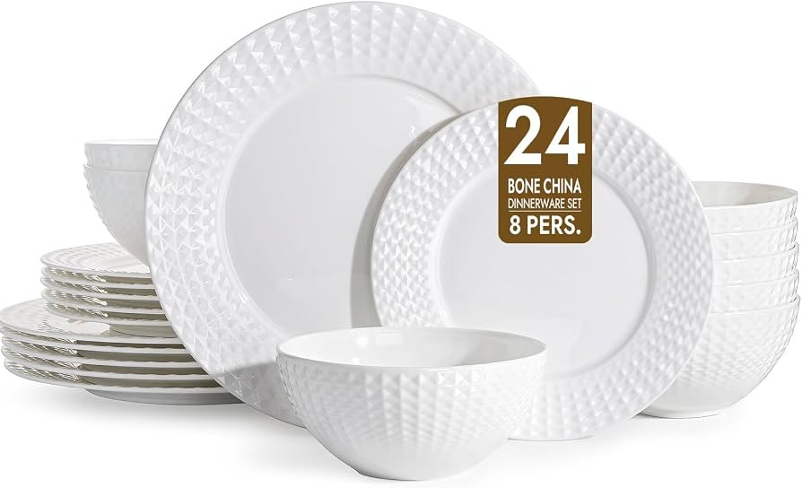 KINGSTONE 24Pc Rhombus Edge White Bone China Set, Service for 8 | Amazon (US)