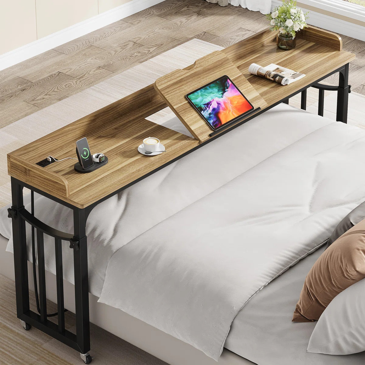 Letrece 70.86'' W Height Adjustable Overbed Table with Power Outlet, Rolling Bed Desk | Wayfair North America
