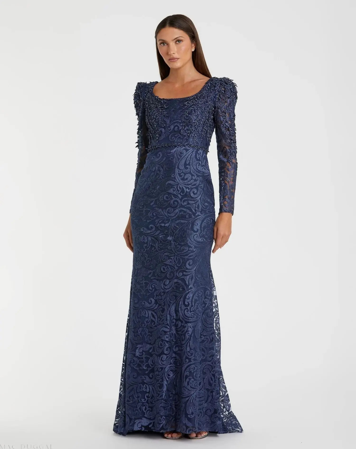 Navy Long Sleeve Embroidered Applique Trumpet Gown | Mac Duggal | Mac Duggal