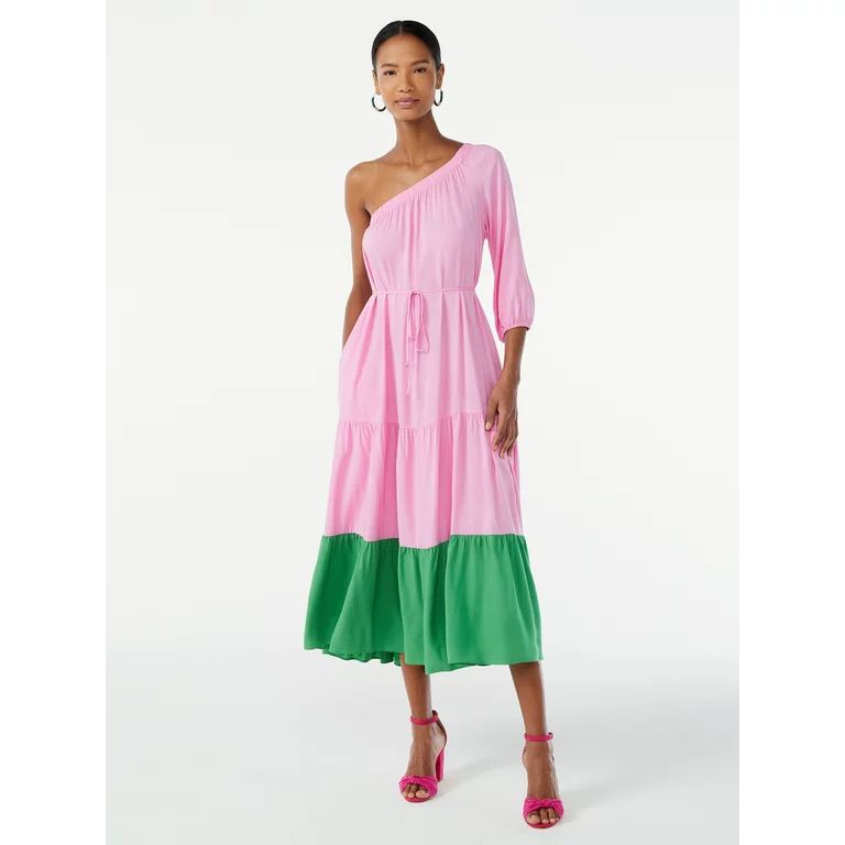 Scoop Women's One Shoulder Color Block Maxi Dress with Tie Front - Walmart.com | Walmart (US)