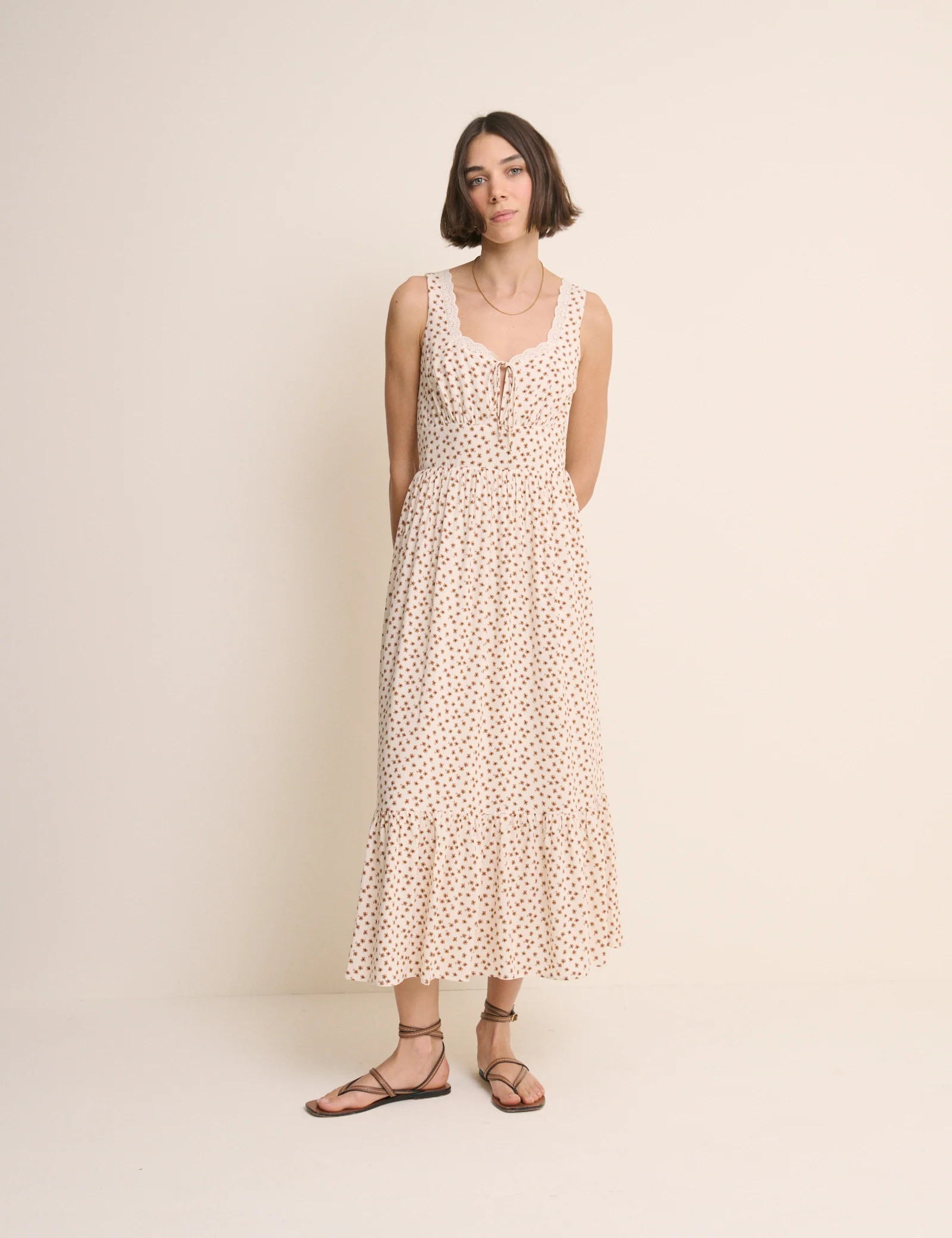 Ivory Ditsy Floral Lace Trim Heather Midi Dress | Nobody's Child