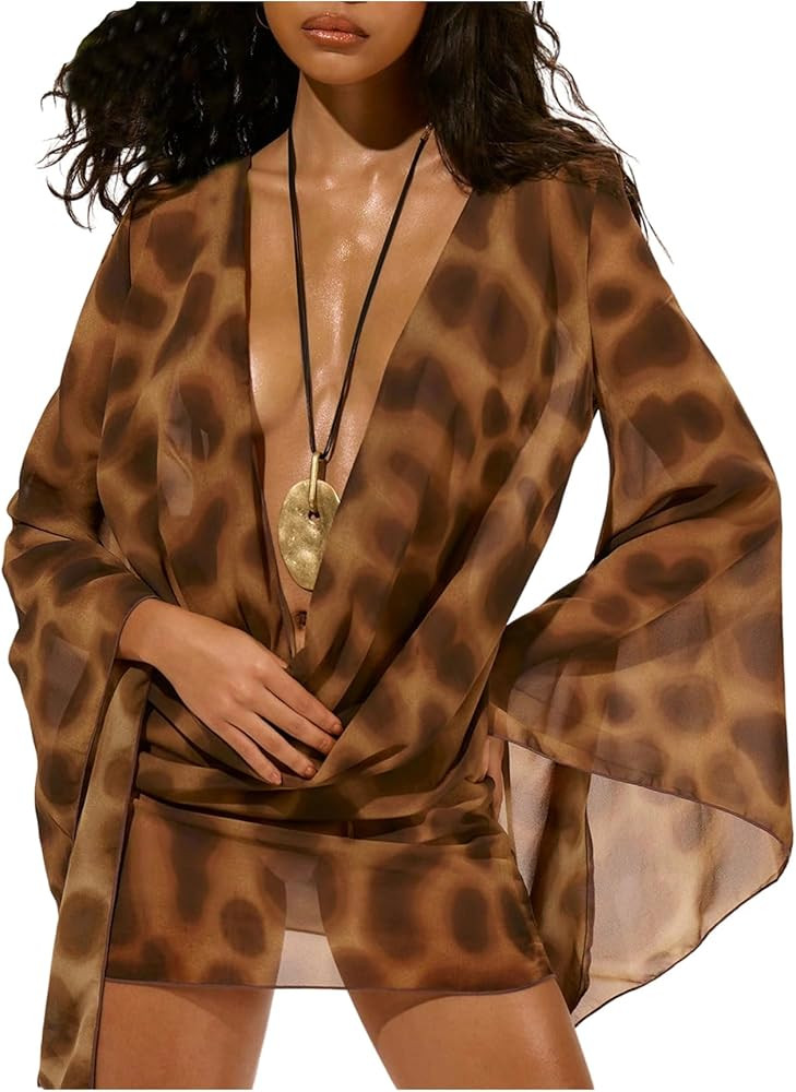 Floerns Women's Animal Print Swimsuit Cover Up Sundress Deep V Cowl Neck Bell Sleeve Beach Vacati... | Amazon (US)