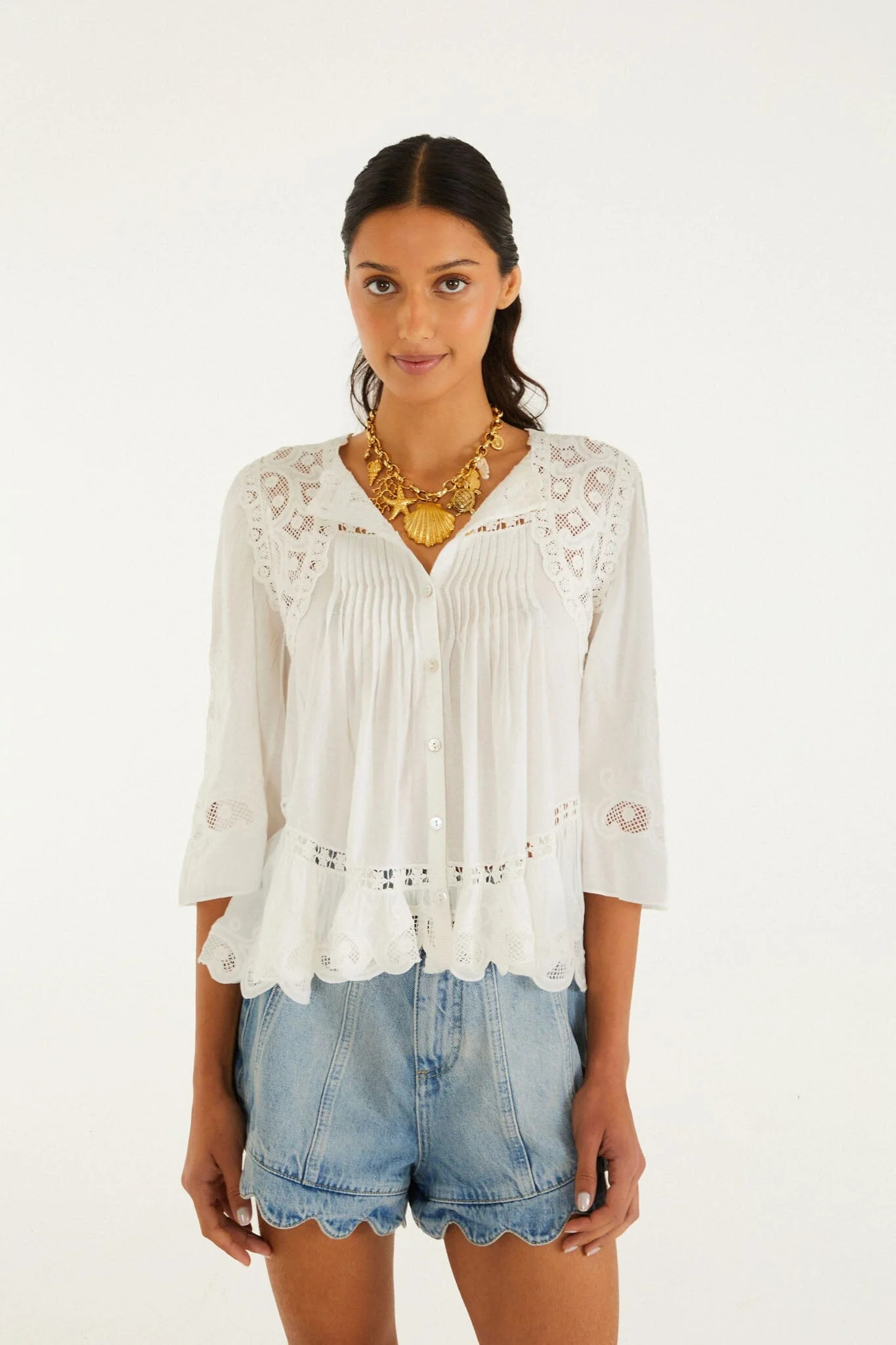 Off-White Richelieu Short Sleeve Blouse | FARM Rio | FarmRio (US)