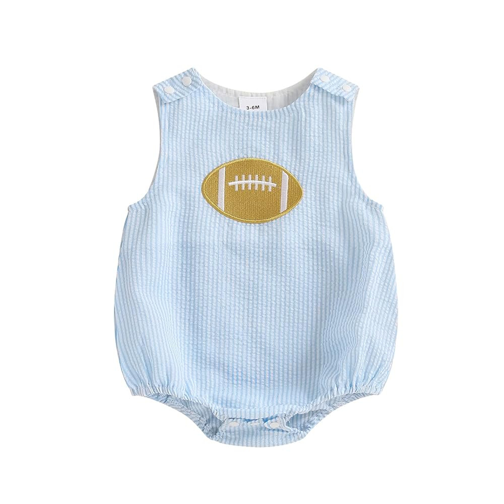 Newborn Baby Boy Football Outfit Rugby Embroidery Sleeveless Bubble Romper Seersucker Stripe Body... | Amazon (US)