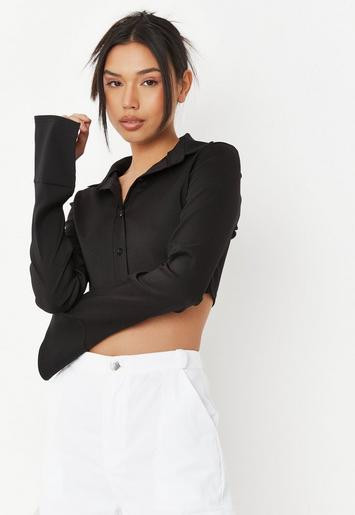 Missguided - Black Poplin Stretch Curved Hem Shirt | Missguided (UK & IE)