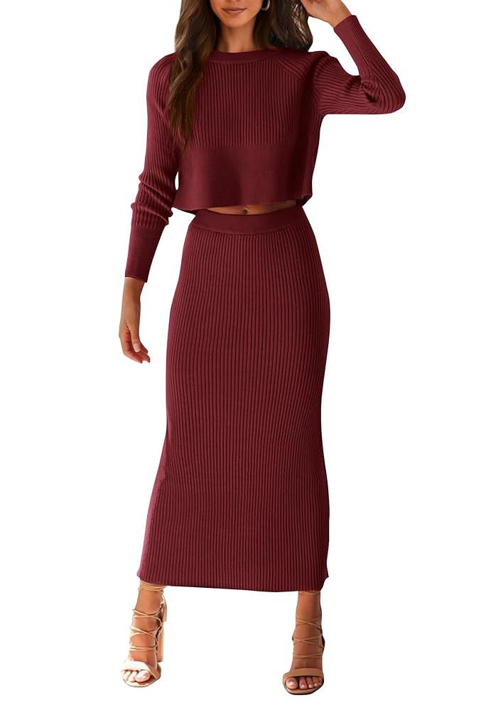 PRETTYGARDEN Women's Spring Fall 2 Piece Sweater Set Rib Knit Long Sleeve Crop Top Maxi Bodycon S... | Amazon (US)