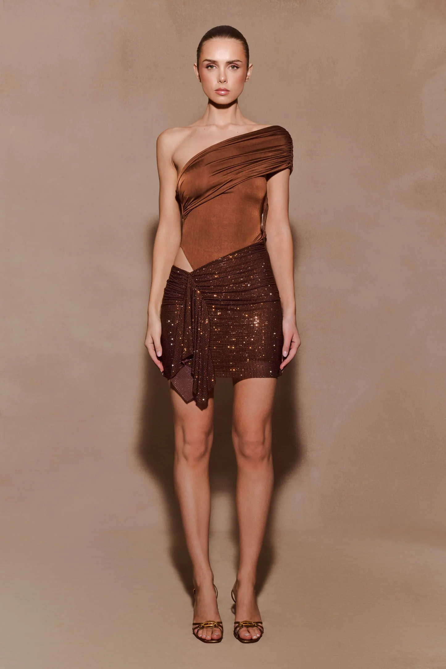 Slinky And Diamante Mini Dress - Chocolate | MESHKI US