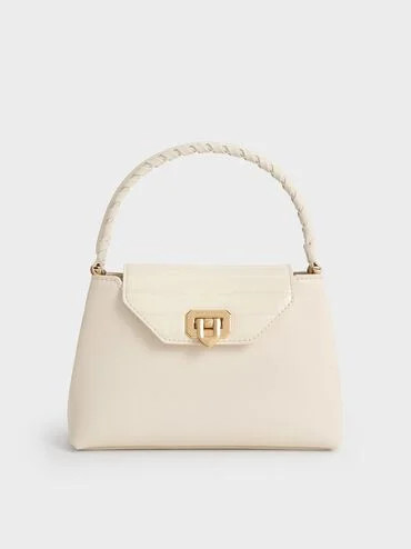 Arwen Croc-Effect Braided-Strap Top Handle Bag
    
         - Cream | Charles & Keith US