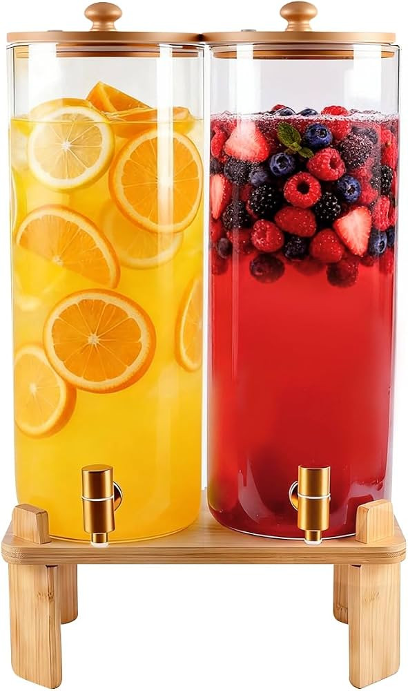 2 Gallon 2 Pack large Glass Drink dispenser for parties,Beverage Dispenser With Wood Stand,Water ... | Amazon (US)