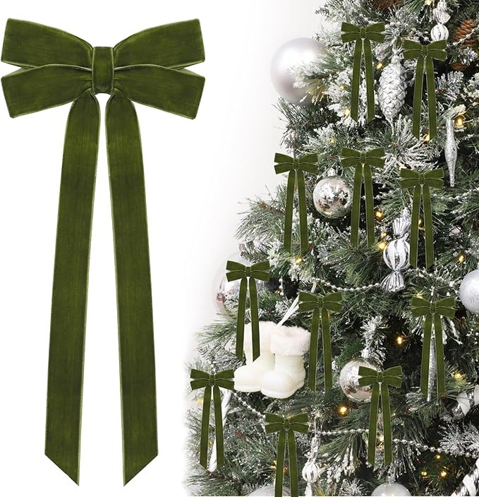 12Pcs Green Velvet Ribbon Bows Christmas Tree Decorations,5in x 10in Xmas Ornaments for Tree Home... | Amazon (US)