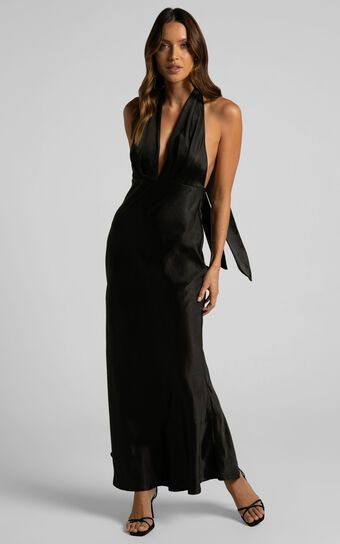 Aiyana Midi Dress - Halter Neck Satin Dress in Black | Showpo (US, UK & Europe)