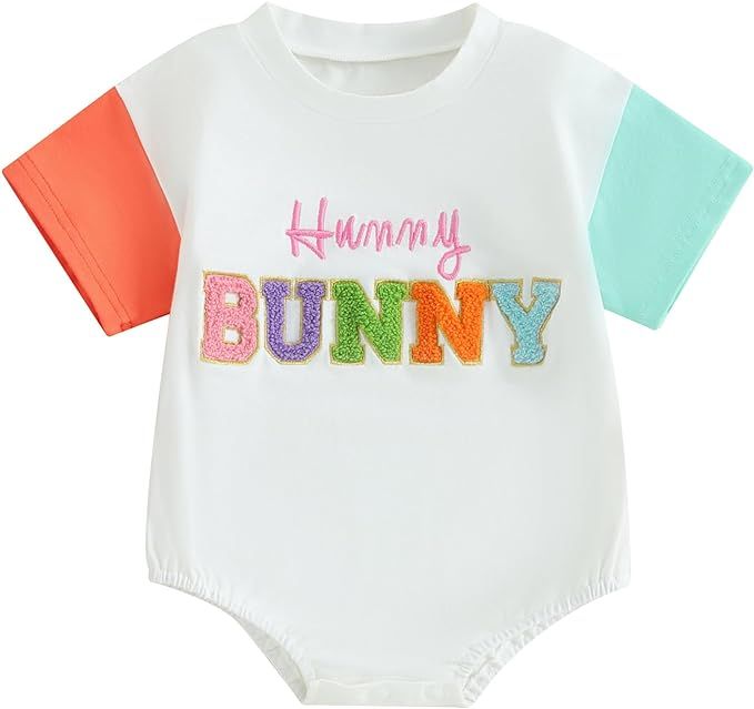 Gueuusu Newborn Baby Boy Girl Easter Outfit Hunny Bunny Letter Embroidery Bubble Romper Oversized... | Amazon (US)