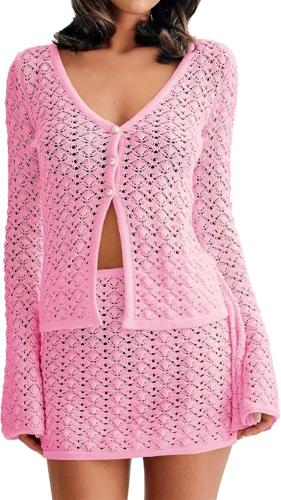 Fisoew Womens Crochet 2 Piece Cover Up V Neck Bell Sleeve Button Cardigan Sheer Mesh Beach Mini S... | Amazon (US)
