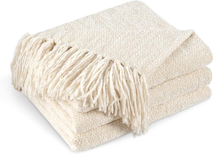 CozeCube Chenille Throw Blanket for Couch, Cozy Soft Throw Blanket with Fringe Tassel, Cream Whit... | Amazon (US)