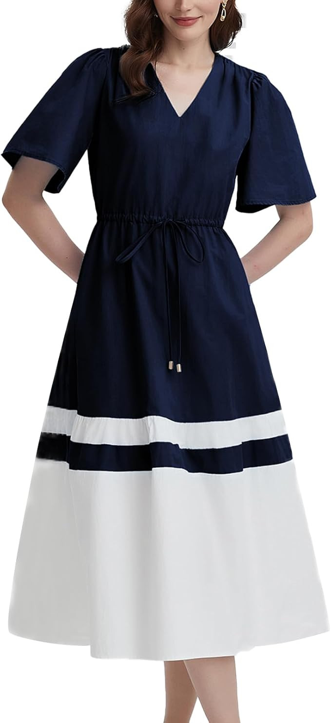 D-Sun Women's Casual Midi Dresses 2025 Short Sleeves V Neck Flowy Long Dresses | Amazon (US)