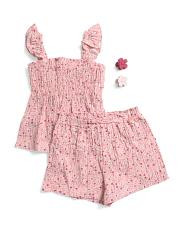 Little Girls 2pc Smocked Peplum Top And Ruffle Shorts With Hair Clips | TJ Maxx