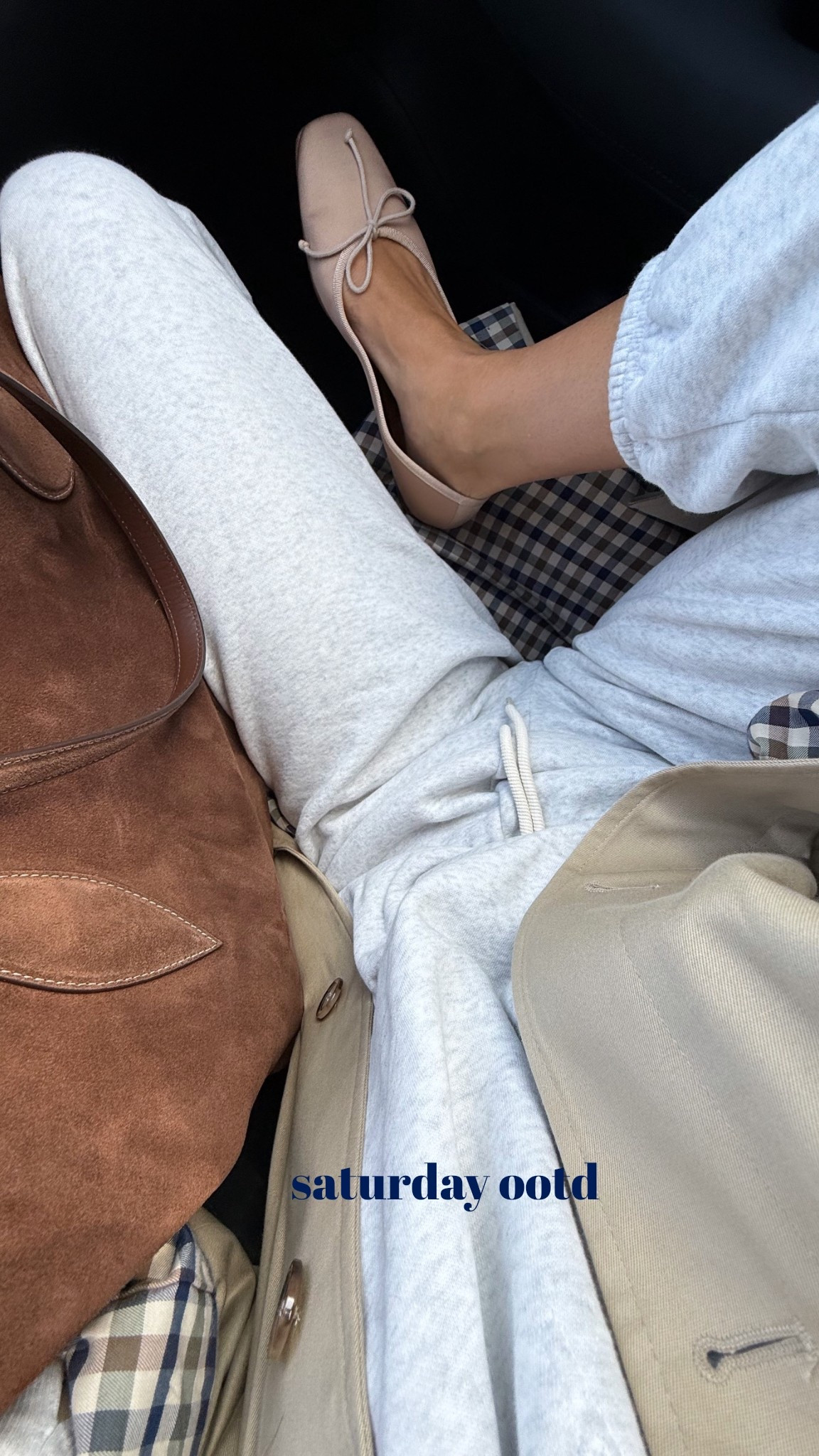 Overhead shot of my OOTD perfect for coffee runs and hanging downtown. Aerie sweats and crew neck, Sezane trench, Margaux beautiful ballet flats, Liffner bag. 

Sizing notes: Wearing a size small in top & bottom. Flats run tts, in a 37. Sized down 1 in the trench - I’m in the “light beige” color way. 

Have a great weekend all! 

#LTKStyleTip #LTKSeasonal #LTKActive