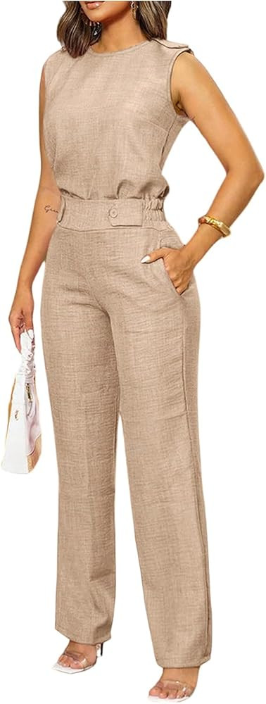 Floerns Women's 2 Piece Outfit Crew Neck Sleeveless Blouse and Dressy Pants Set | Amazon (US)
