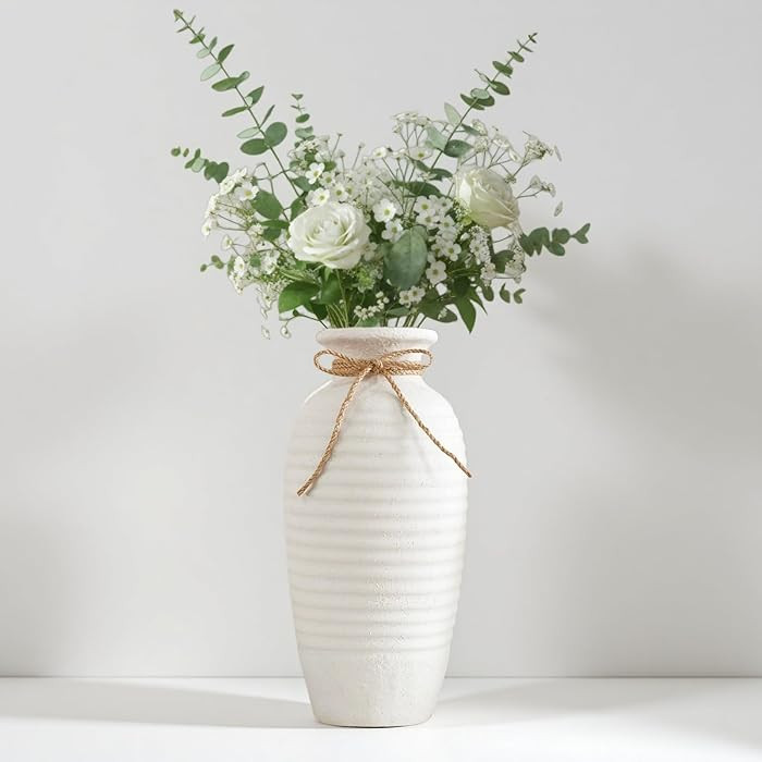 14.4 Inch Tall Ceramic Vase, Large Rustic Vintage Farmhouse Threaded Vases for House Book Shelf O... | Amazon (US)