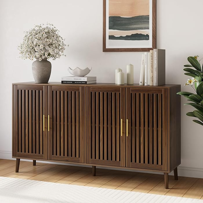 63" Long Sideboard Buffet with 4 Louvered Doors, Farmhouse Buffet Storage Cabinet with Gold Handl... | Amazon (US)