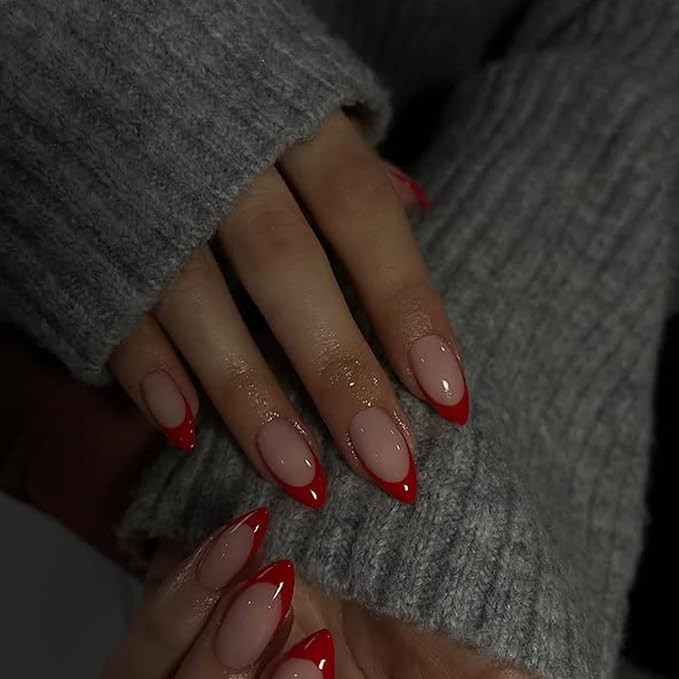 30Pcs Red French Tip Press on Nails Short Almond Nails Press ons, Short Fake Nails Almond Shaped ... | Amazon (US)