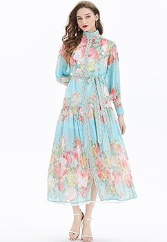 LAI MENG FIVE CATS Women Vintage Button Up Floral Print Casual Split A Line Flowy Maxi Belt Dress | Amazon (US)