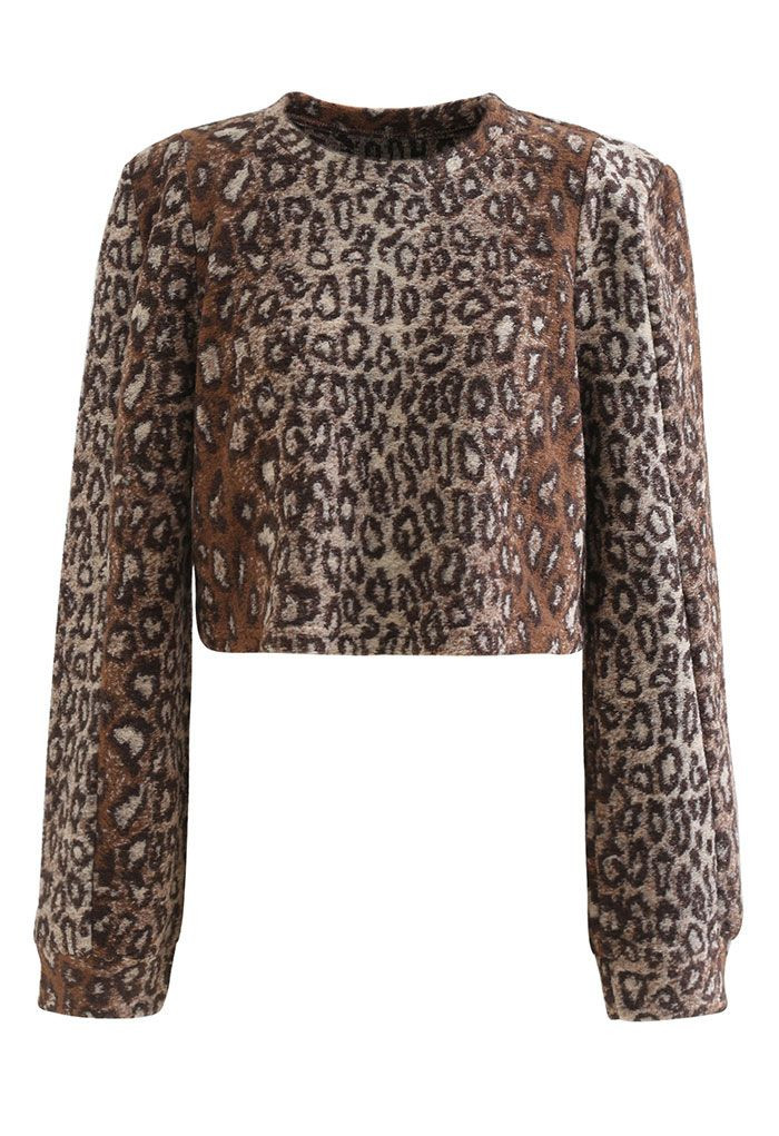 Flocky Leopard Print Pad Shoulder Crop Top | Chicwish