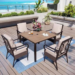 5-Piece Metal Square Patio Outdoor Dining Set with Wood-Look Table and Stationary Chairs with Beige Cushions | The Home Depot
