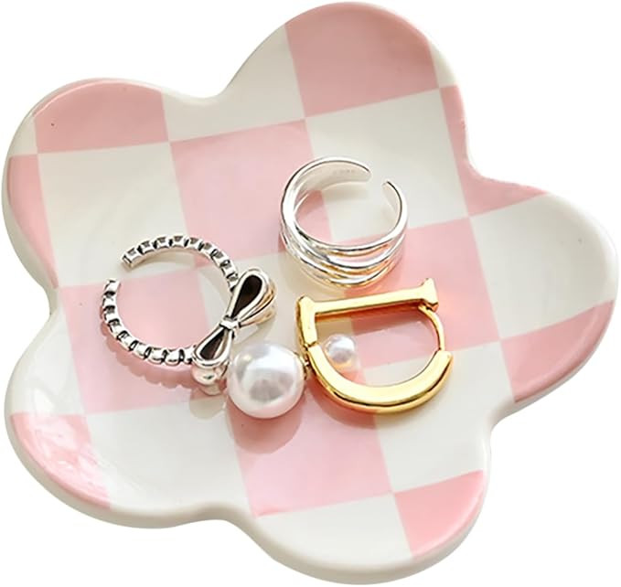 Preppy Teen Girls Gifts - Trendy Pink Room Decor, Checkered Jewelry Tray | Amazon (US)