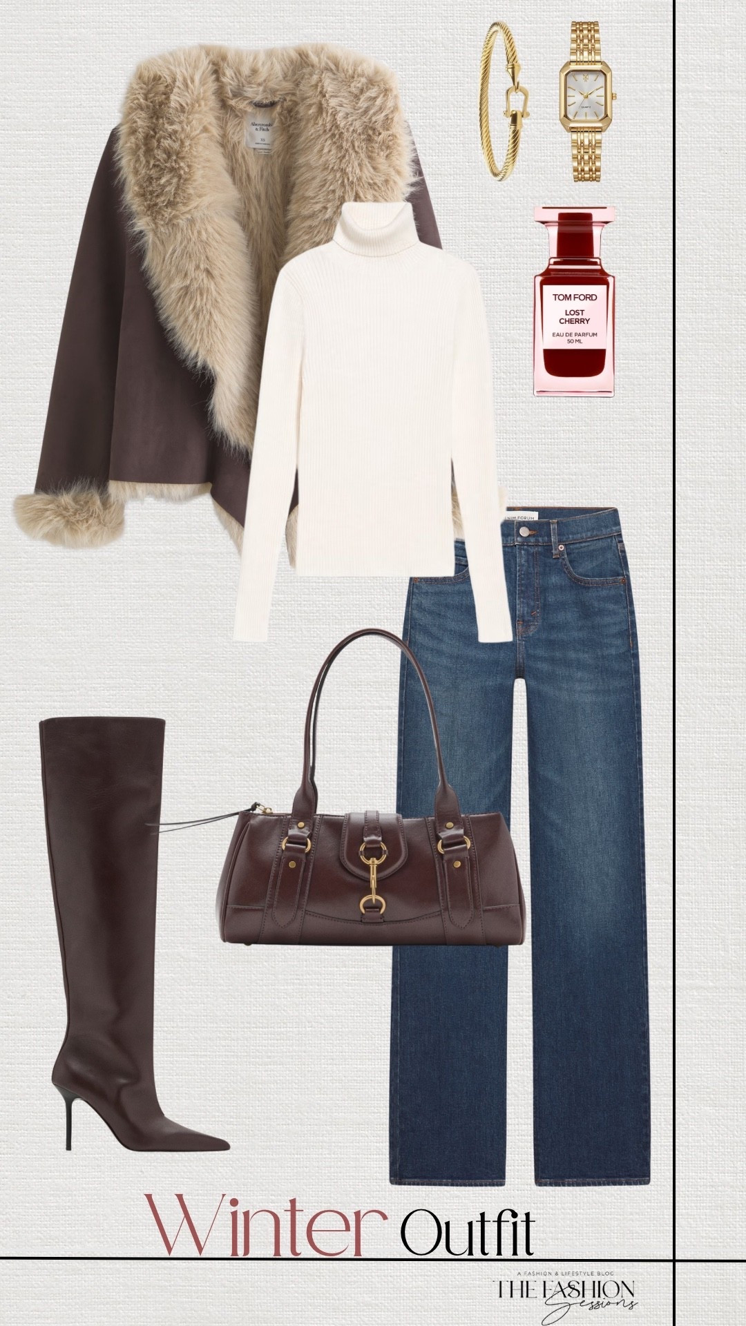 Winter Outfit | Faux Fur Lined Coat | Cream Turtleneck | Denim Straight Leg Jeans | Brown Knee High Boots | Shoulder Bag | 

#LTKootd #LTKHoliday