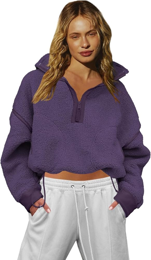 LAMISSCHE Half Zip Sweatshirt Women Oversized Sherpa Jacket V Neck Fleece Pullover Hoodie with Po... | Amazon (US)