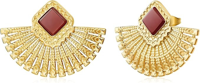 Statement Earrings for Women Gold Earrings Studs Boho Bohemian Fan Earrings Red Ruby Earring Chun... | Amazon (US)