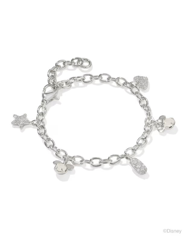 Disney | Kendra Scott Silver Mickey Mouse and Minnie Mouse Charm Bracelet in Iridescent White Mix | Kendra Scott