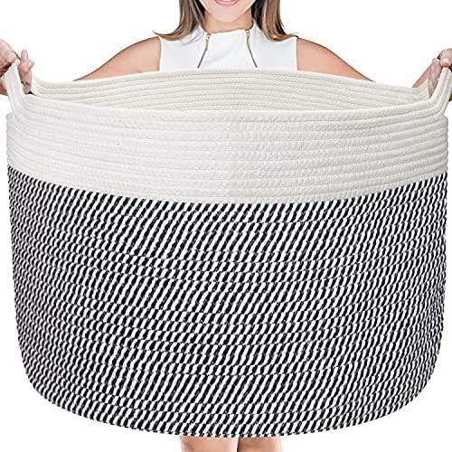 Large Cotton Rope Basket - 22" x 22" X 14" Blanket Storage Basket, Woven Baby Laundry Basket with... | Amazon (US)