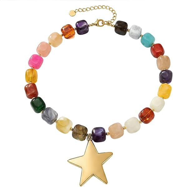Star Colorful Beaded Choker Necklace Rainbow Y2K Beach Layered Jewelry | Amazon (US)