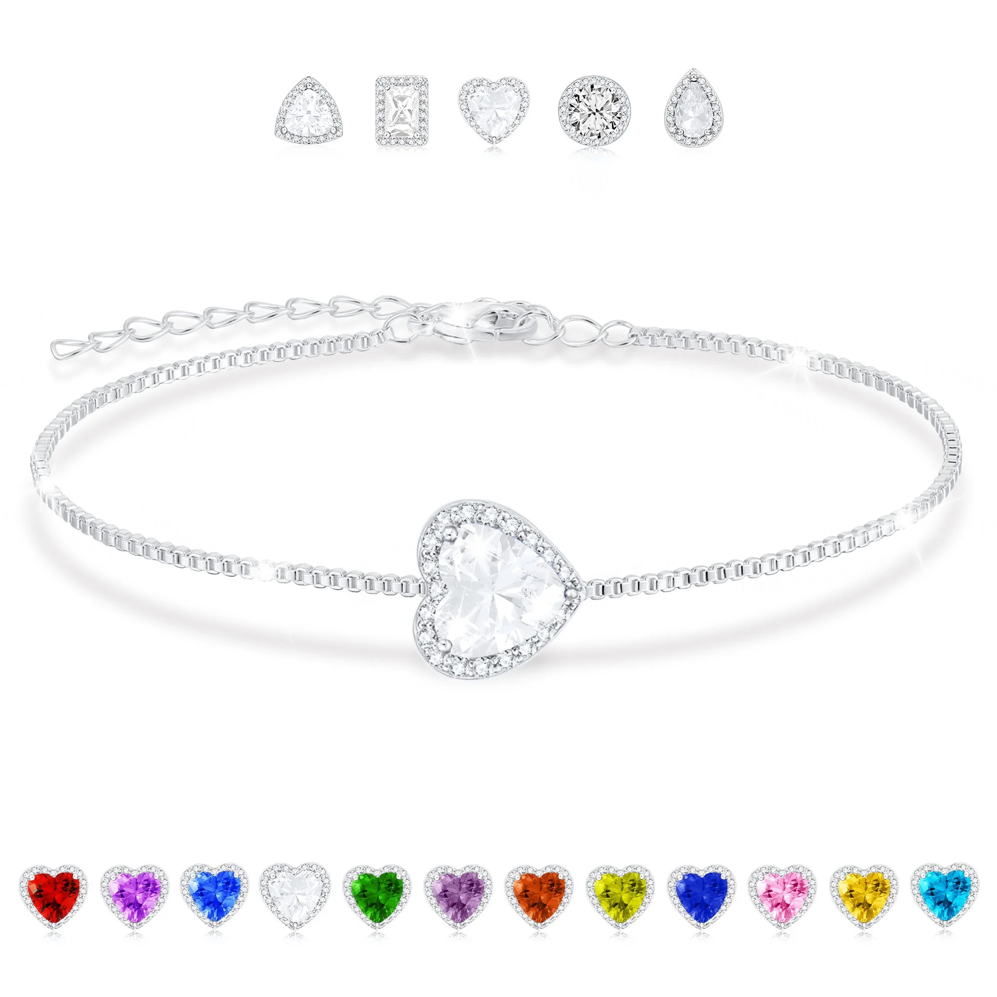 APSVO 18K White Gold Plated Love Heart Charm Bracelets for Women Girls S925 Sterling Silver April... | Walmart (US)
