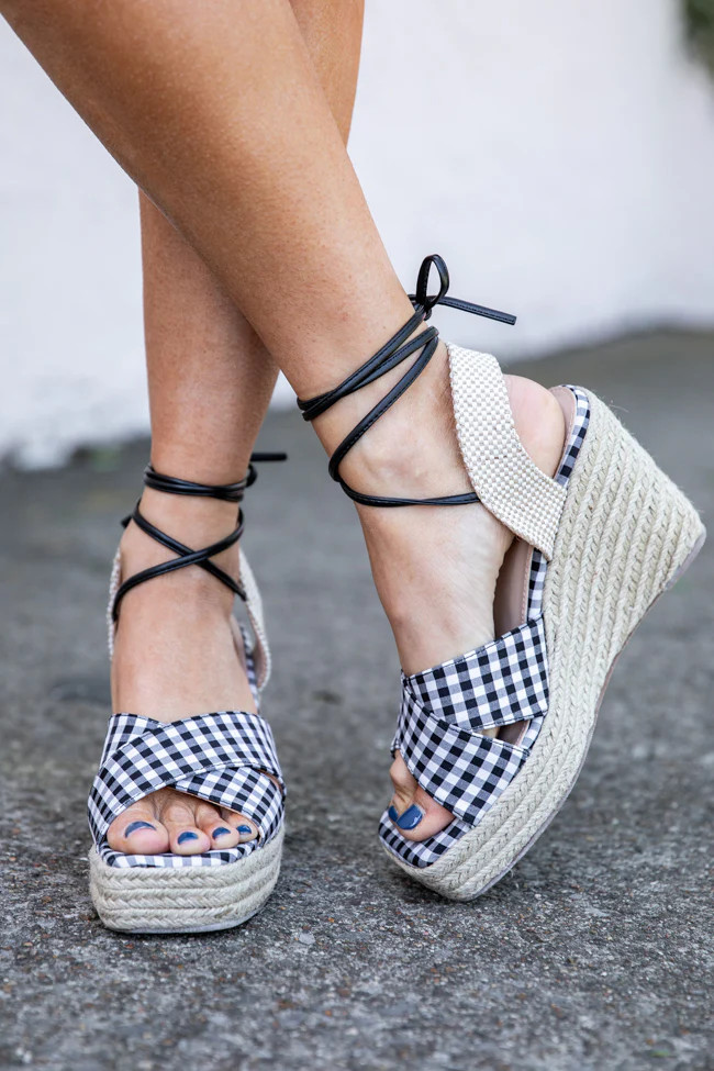 Margot Gingham Black Square Toe Espadrille Wedges | Pink Lily