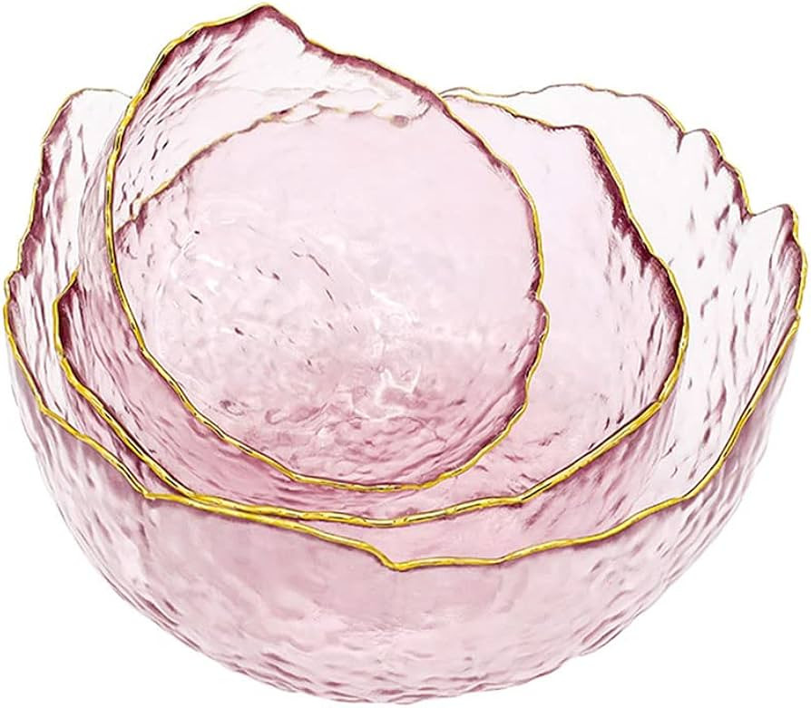 3-Pack Glass Bowls for Kitchen Prep, Nesting Space Saving Set of Bowls, Pink Crystal Bowl Set, Ir... | Amazon (US)
