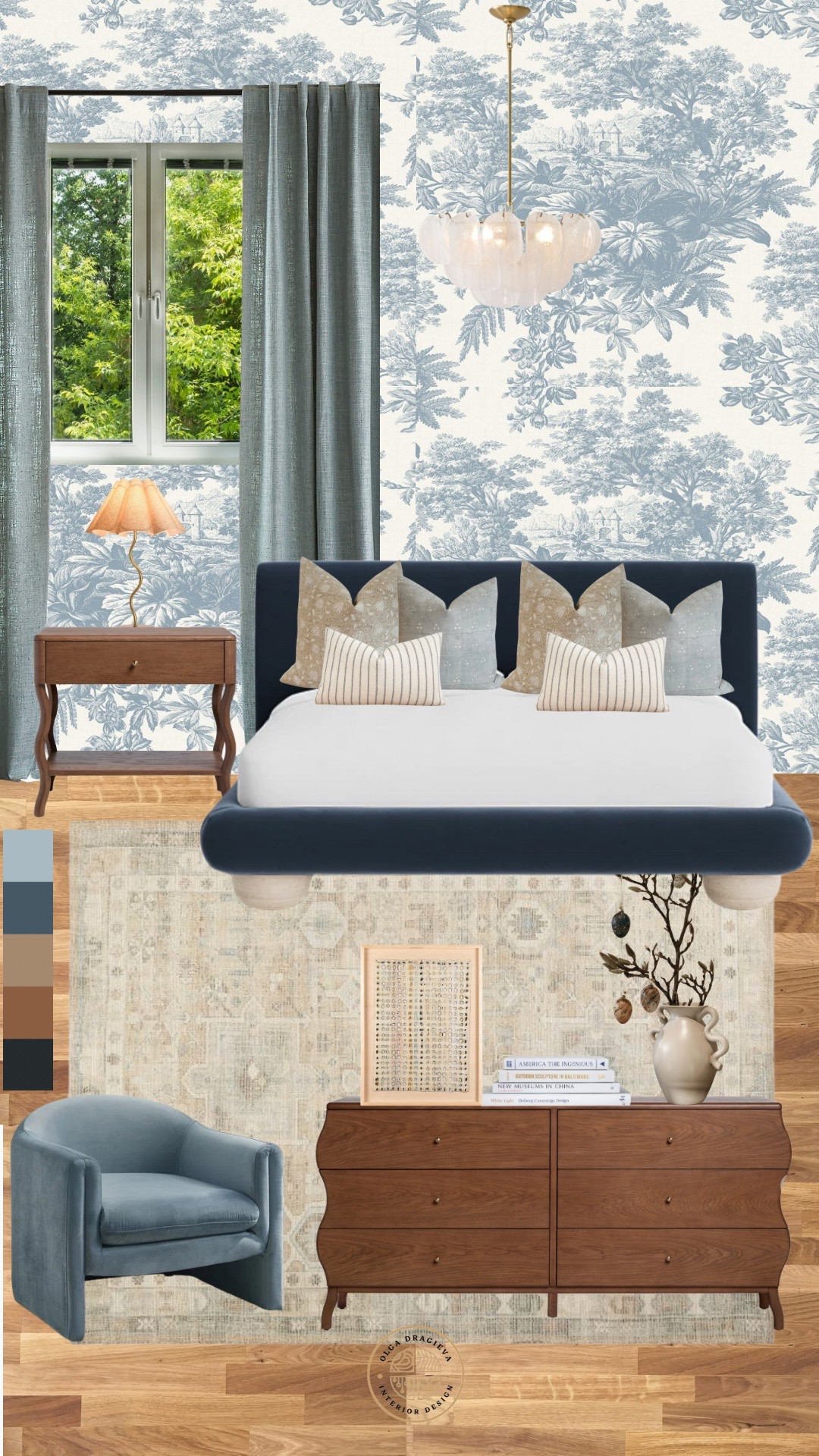 Gorgeous blue bedroom with floral wallpaper, vintage rug, new dresser and nightstand from Lulu & Georgia, velvet blue bed, organic vase, blue curtains and affordable blue velvet chair from Wayfair. #homedecor #bedroomdesign #moodboard 