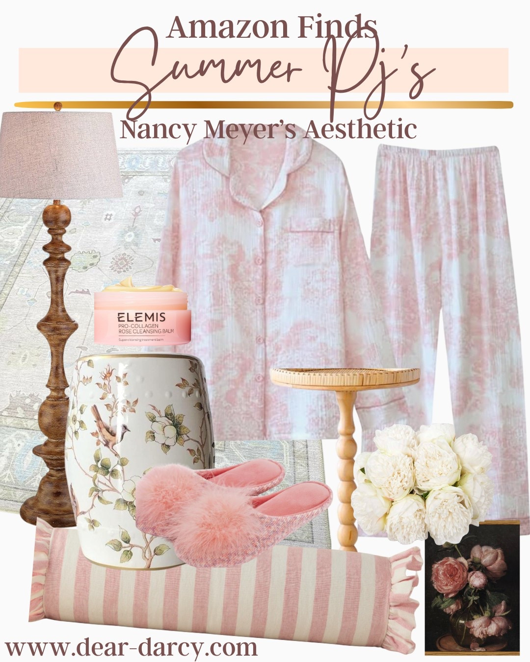 Amazon finds 
Summer Pj’s 

A beautiful pink toile under $34 

Beautiful floor lamp 
Bird and floral garden stool
Bamboo side table 
Pink fuzzy slippers 
White sold roses 
The cute pink and white stripe bolster pillow 
Elemis cleansing balm 
Pretty rug 


#LTKFindsUnder50 #LTKHome #LTKSummerEdit