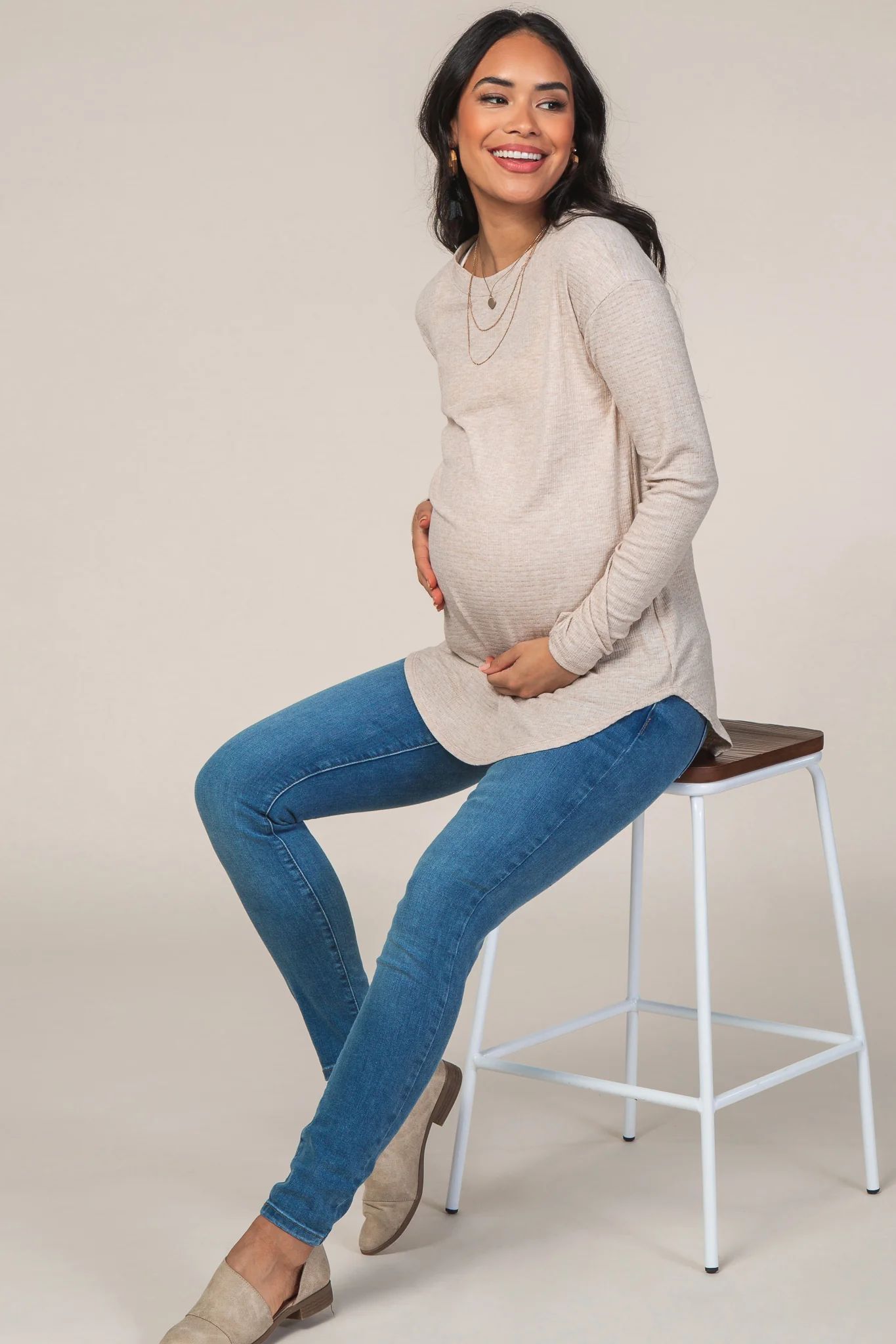 Beige Long Sleeve Ribbed Maternity Top | PinkBlush Maternity