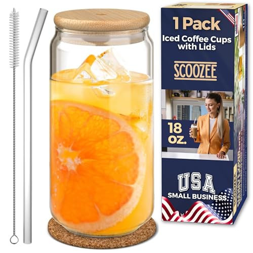 Scoozee Glass Cup with Lid and Straw (18oz) Iced Coffee Cup, Ice Tea Glass | Aesthetic Coffee Bar Accessories Home Essentials New Apartment Housewarming Gift, Clear | Amazon (US)