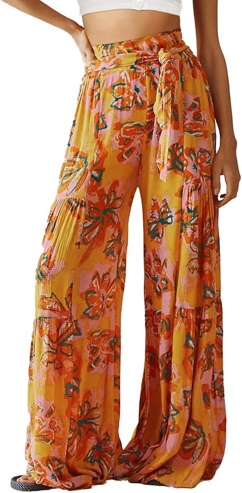 Timemory Womens Wide Leg Palazzo Pants Summer Loose Casual Beach Boho Floral Printed Bohemian Bel... | Amazon (US)