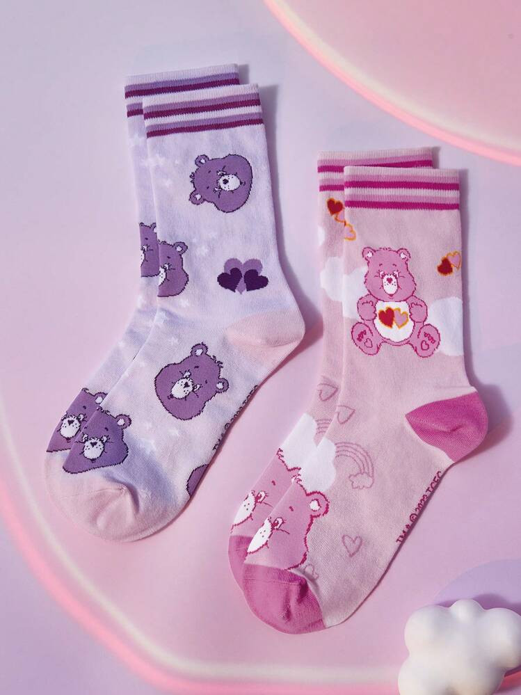 SHEIN X Care Bears 2 Pairs Women Striped & Heart Design Mid Calf Socks, Purple & Pink | SHEIN
