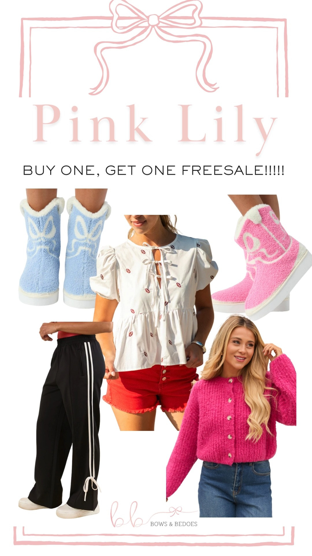 Pink Lily Buy one get one free on sale items. Cute bow boot slippers. track pants with bow, bright cardigan, Footbal embroidered blouse.  

 #LTKSaleAlert #LTKFindsUnder50 #LTKFindsUnder100
