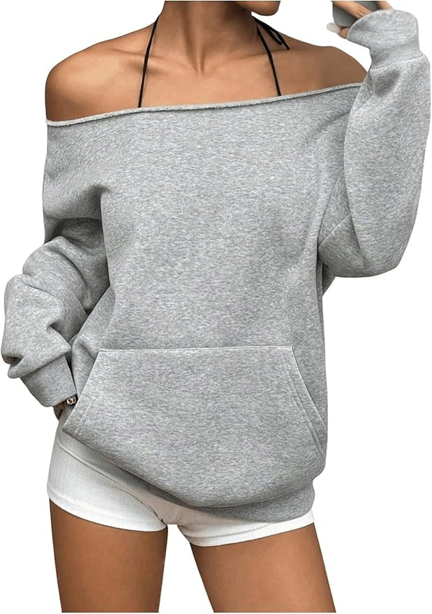Women's Oversized Off Shoulder Sweatshirts Long Sleeve Basic Thermal Pullover Tops with Pocket | Amazon (US)