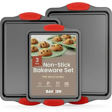 Bakken Baking Pan Set - 3 Pieces Non-stick Deluxe Carbon Steel Cookie Sheets, Commercial Grade Restaurant Quality Large, Medium, Small Sheet with Silicone Handle - Black | Walmart (US)